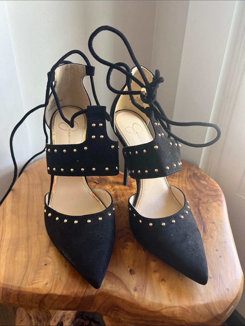 Jessica Simpson Black Studded Lace-Up Pointed Heels